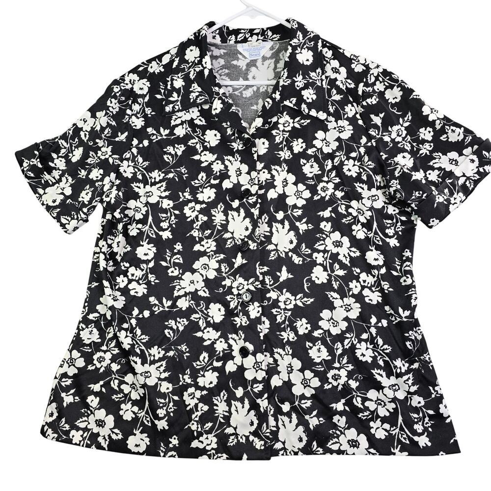 Vintage Sears Floral Hawaiian Button Shirt Women's Large Black White 80s Resort